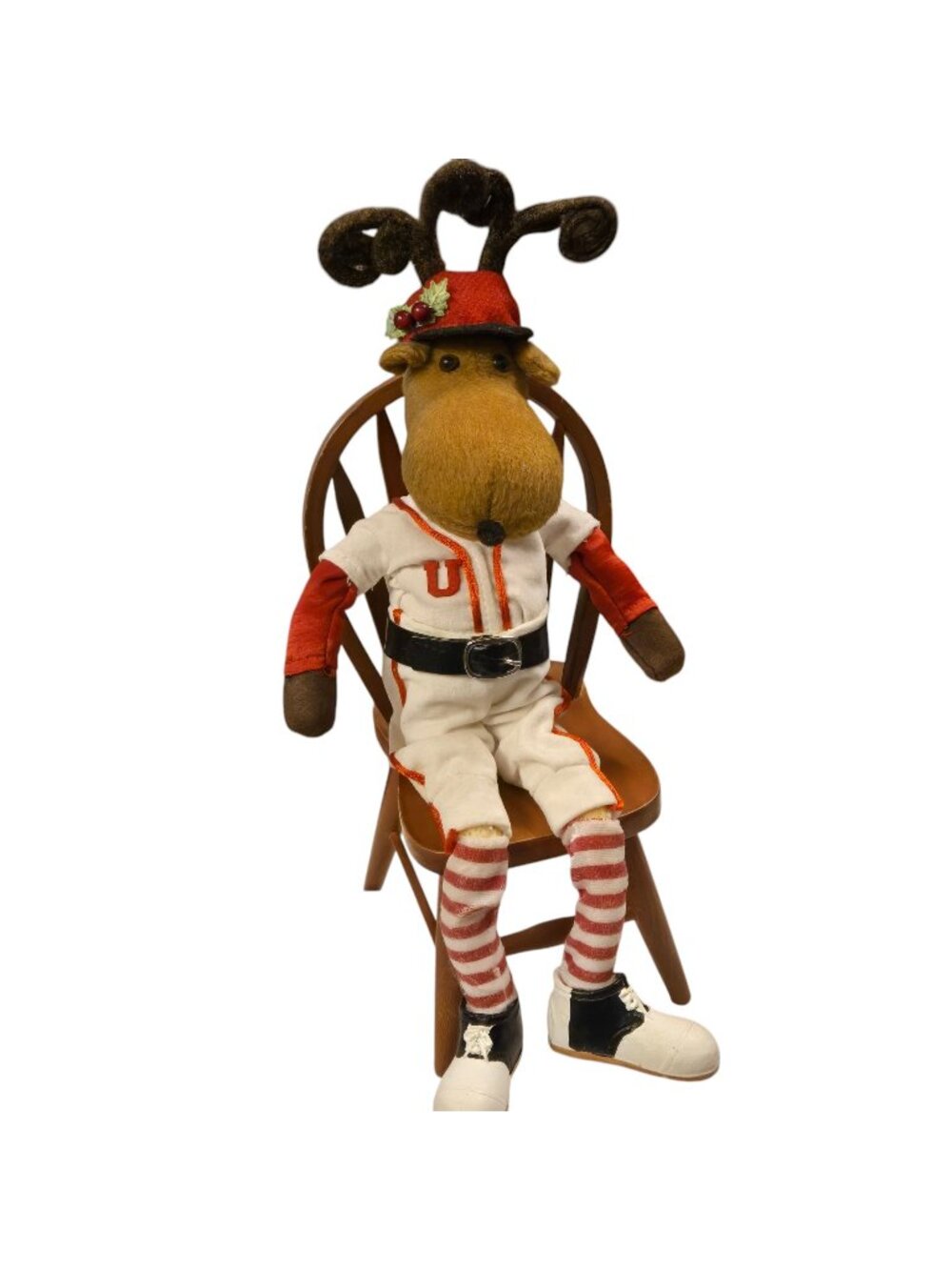 Baseball Reindeer Figurine with Wooden Doll Chair Christmas Sports Decor 15 Inch